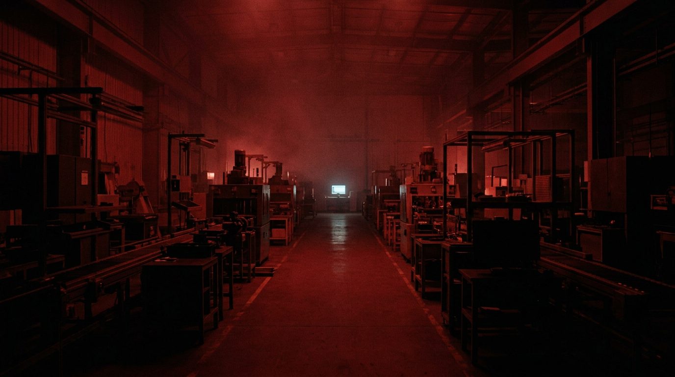 Sala de operação de uma empresa às escuras sob luz de emergência, ilustrando o custo do ransomware quando a operação para